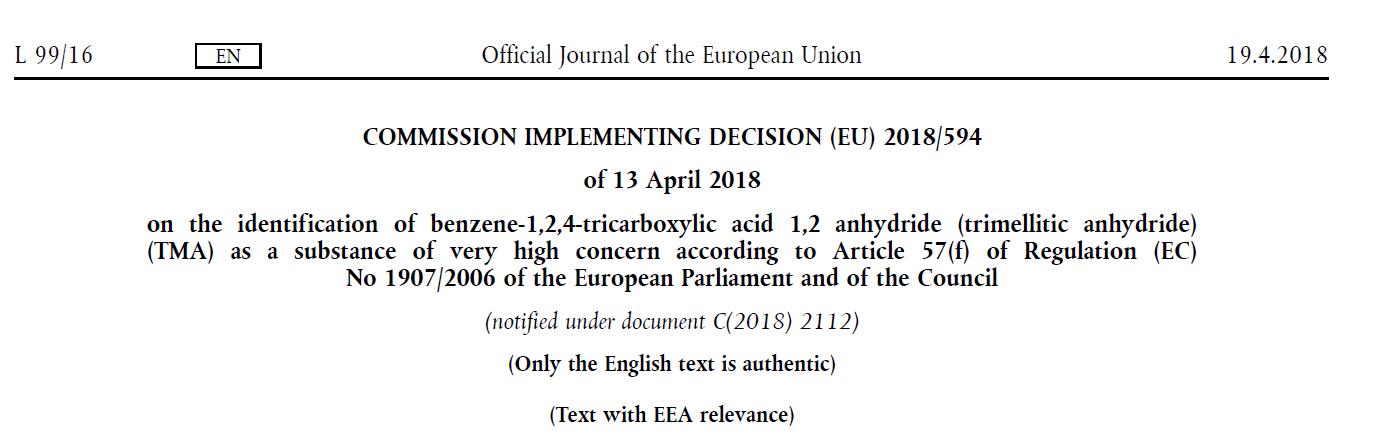 欧盟委员会同意将偏苯三酸酐归为高度关注物质